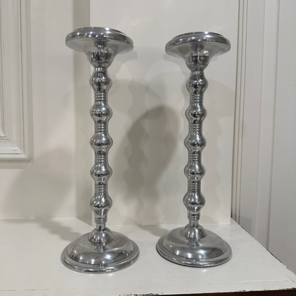 Dominion Silver Metal Candle Holders 2 | 13” Tall Polished Silver Pillar Candle